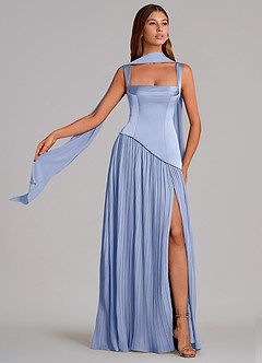 Azazie Stephanie 신부 들러리 드레스 A라인 주름진 스트레치 새틴 바닥 길이 드레스 image1