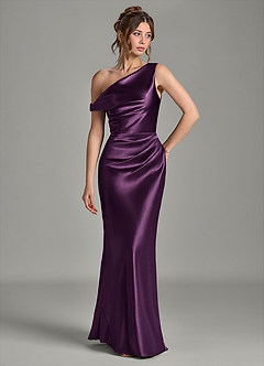 Azazie Emerson Bridesmaid Dresses Plum Mermaid Off the Shoulder Metallic Satin Dress image4