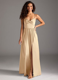 Azazie Zeya Bridesmaid Dresses Champagne A-Line Pleated Stretch Satin Dress image8