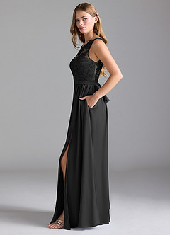 Azazie Elly Vestidos de damas de honor Vestido de Negro de Satén Elástico de Corte en A con Encaje image4