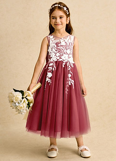 Azazie Sundae Flower Girl Dresses Pomegranate Ball-Gown Lace Dress image3
