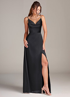 Azazie Sarella At-home Try On Dresses Black A-Line Pleated Stretch Satin Dress image3