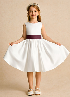 Azazie Sosie Robe Demoiselle D'honneur Fillette Robe Trapèze en Mat Satiné Plissée Ivoire Cabernet image2