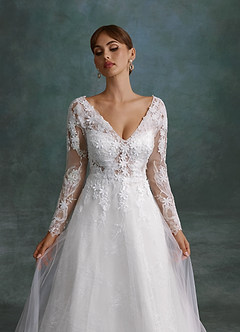 Azazie Leila Wedding Dresses Diamond White A-Line V-Neck Sequins Tulle Dress image5