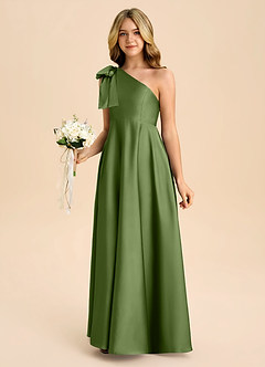 Azazie Penguin Junior Vestido de Enebro de Satén Elástico de Corte en A con Lazo image5