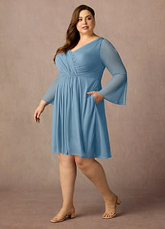 Azazie Teraso Mother of the Bride Dresses Steel Blue A-Line Pleated Mesh Dress image3
