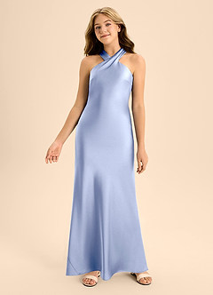 Azazie Doretta Junior Ice A-Line Pleated Stretch Satin Dress image4