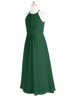 Azazie Bonnie Junior Abito A-Line in Chiffon Plissettato Verde Scuro image7