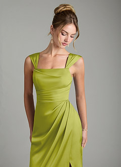 Azazie Filippa Bridesmaid Dresses Lemongrass A-Line Pleated Stretch Satin Dress image3