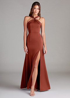 Azazie Rue Bridesmaid Dresses Terracotta A-Line Pleated Stretch Satin Dress image3