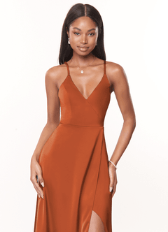 Azazie Maksim Bridesmaid Dresses Cinnamon A-Line V-Neck Stretch Satin Dress image5