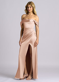 Azazie Auden Vestidos de damas de honor Vestido Oro Rosa de Satén Elástico de Corte Recto Convertible con Hombros descubiertos image4