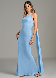Azazie Juniper Robes de demoiselle d'honneur Robe Sirène en Mousseline de soie Une épaule Poudre Bleue image1