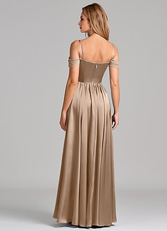 Azazie Raisa Bridesmaid Dresses Taupe A-Line Off the Shoulder Stretch Satin Dress image6