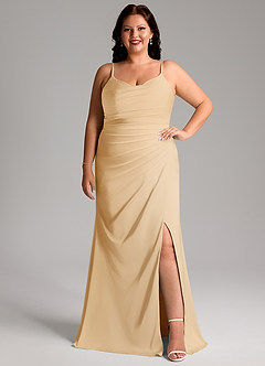 Azazie Deandra Bridesmaid Dresses Gold Mermaid Pleated Stretch Satin Dress image7