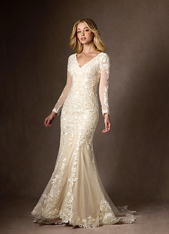 Azazie Dulce Amor Vestidos de novia Vestido de Blanco Diamante Champán de Tul de Corte Sirena con Encaje Cuello V image6