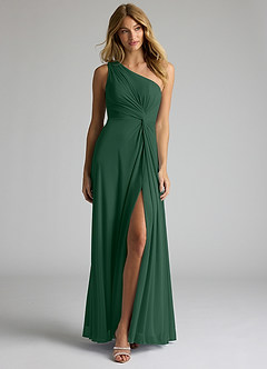 Azazie Brooke Bridesmaid Dresses Dark Green A-Line One Shoulder Mesh Dress image4