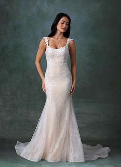 Azazie Veronica At-home Try On Dresses Diamond White Champagne Mermaid Tulle Dress image4