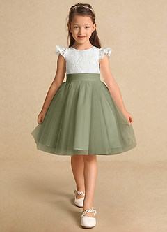 Azazie Vetty vestidos de niña de las flores Vestido de Marfil Pistacho de Tul de Corte En A con Encaje image6