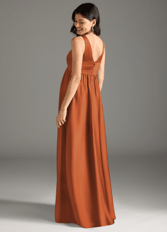 Azazie Yetta At-home Try On Dresses A-Line Pleated Stretch Satin Floor-Length Dress image3