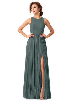 Azazie Lindie Final Sale Pewter A-Line Scoop Pleated Chiffon Dress image2