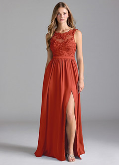 Azazie Elly Bridesmaid Dresses Rust A-Line Lace Stretch Satin Dress image3