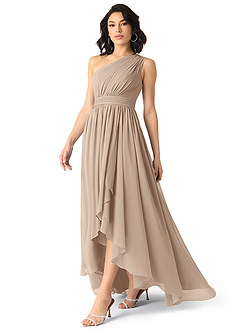 Azazie Mathilda Bridesmaid Dresses Taupe A-Line One Shoulder Chiffon Dress image6