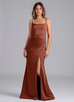 Azazie Donielle Vestidos de madrinha de casamento Vestido Castanho Aloirado de Cetim elástico de sereia com Espartilho image3
