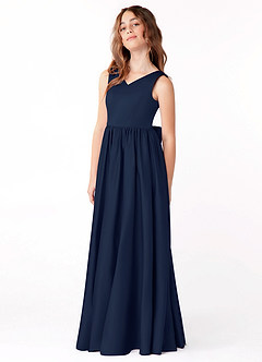 Azazie Hathaway Junior Robe Trapèze en Mat Satiné Arc Bleu Marine Foncé image4