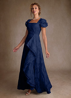 Azazie Hermina Abiti per la Madre della Sposa Abito A-Line in Jacquard Floreale Plissettato Jacquard Blu Scuro image4