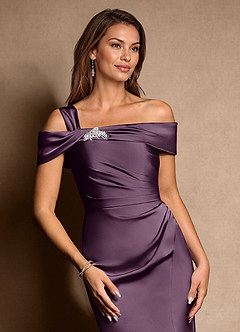 Azazie Altonia Mother of the Bride Dresses Plum Mermaid Off the Shoulder Stretch Satin Dress image8