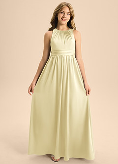 Azazie Jaylah Junior Lemon Sorbet A-Line Pleated Stretch Satin Dress image6