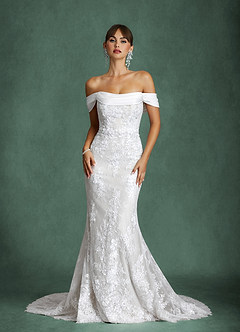 Azazie Harrah Wedding Dresses Diamond White Mermaid Off the Shoulder Lace Dress image6