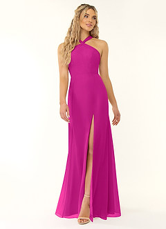 Azazie Rue Vestidos de damas de honor Vestido de Fucsia de Gasa de Corte en A con Halter image1