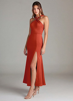 Azazie Rue 신부 들러리 드레스 인어 주름진 스트레치 새틴 발목 길이 드레스 image4