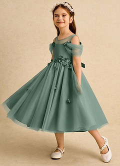 Azazie Juni Flower Girl Dresses Eucalyptus Ball-Gown Pleated Tulle Dress image3