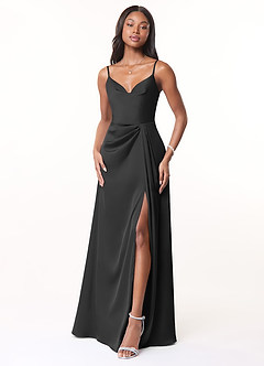 Azazie Brielle Brautjungfernkleider A-Linie Cowl-Spaghettiträger Stretch-Satin Kleid Schwarz image1