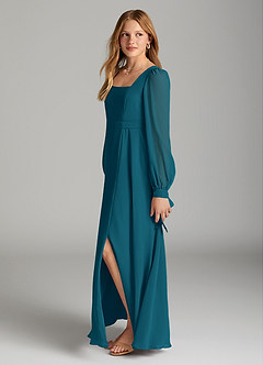 Azazie Leonia Junior Ink Blue A-Line with Pockets Chiffon Dress image3