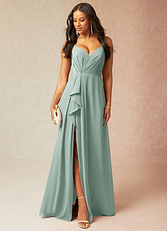 Azazie Kyedae At-home Try On Dresses Agave A-Line V-Neck Pleated Chiffon Dress image1