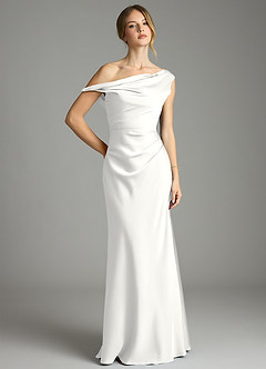 Azazie Emerson Vestidos de madrinha de casamento Vestido Branco de Cetim elástico de sereia com Ombros Caídos image1