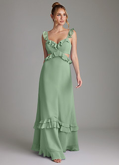 Azazie Malaya Vestidos de damas de honor Vestido de Matcha de Gasa de Corte en A con Corsé image4