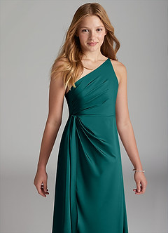 Azazie Mika Junior Robe Trapèze en Satin extensible Plissée Paon image4