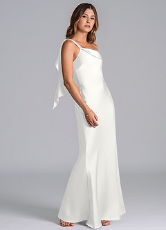 Azazie Driea Robes de demoiselle d'honneur Robe Sirène en Satin extensible Asymétrique Blanc image5