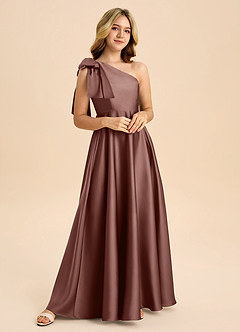 Azazie Penguin Junior Espresso A-Line Bow Stretch Satin Dress image4