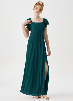 Azazie Bondi Junior Peacock A-Line Side Slit Mesh Dress image5