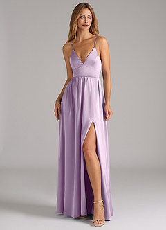 Azazie Aaida Bridesmaid Dresses Frosted Lilac A-Line Corset Stretch Satin Dress image4