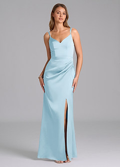 Azazie Leo Bridesmaid Dresses Sky Blue Sheath Pleated Stretch Satin Dress image1