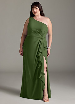 Azazie Liza Jurken voor bruidsmeisjes Jurk van Chiffon met Zeemeermin One-Shoulder Olijf image6