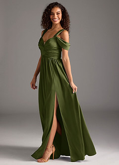 Azazie Lianne Bridesmaid Dresses Olive A-Line Off the Shoulder Stretch Satin Dress image7