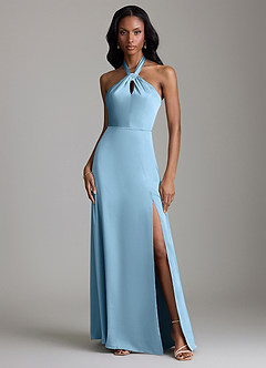 Azazie Tracie Bridesmaid Dresses Steel Blue A-Line Side Slit Stretch Satin Dress image1